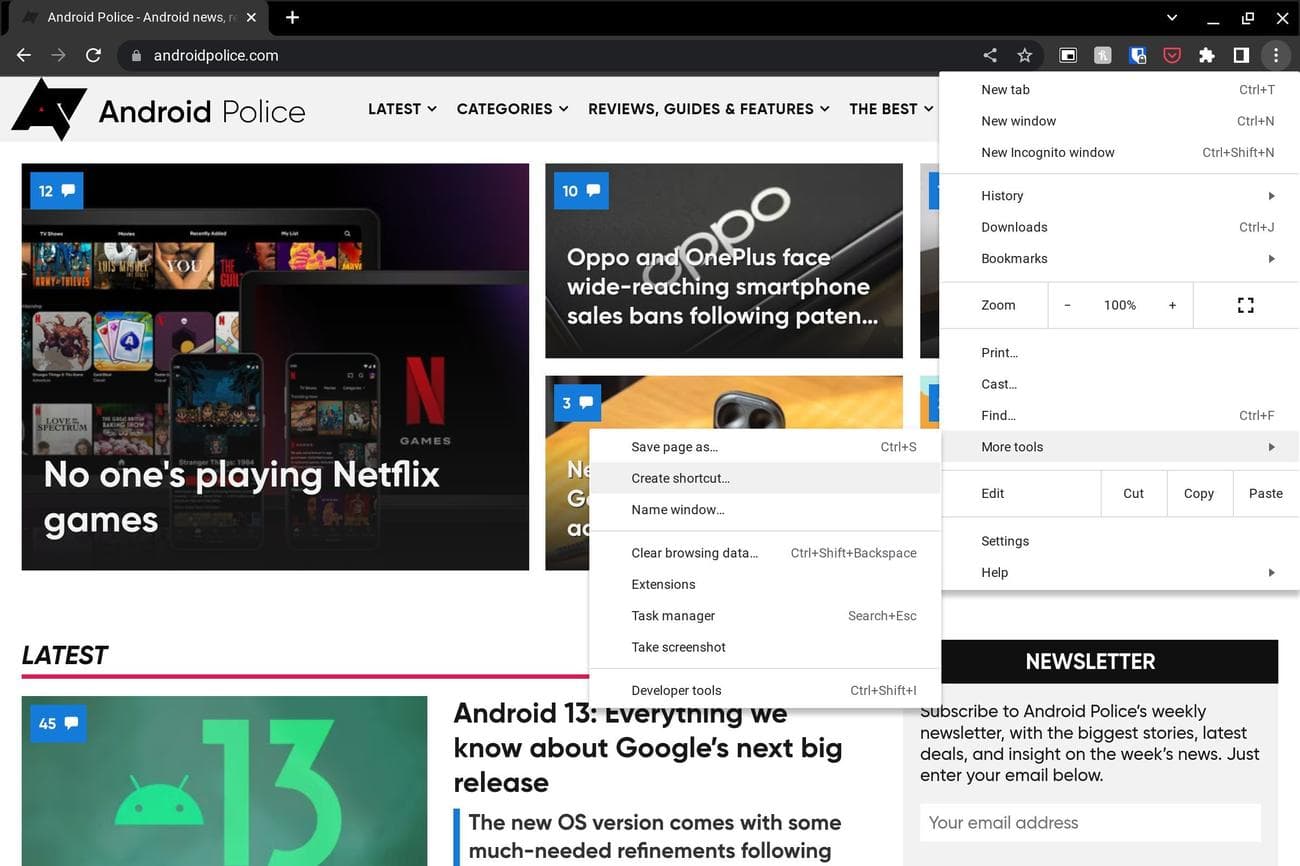 Η επιλογή δημιουργίας συντόμευσης για έναν ιστότοπο είναι ανοιχτή στο Chrome σε ένα Chromebook.