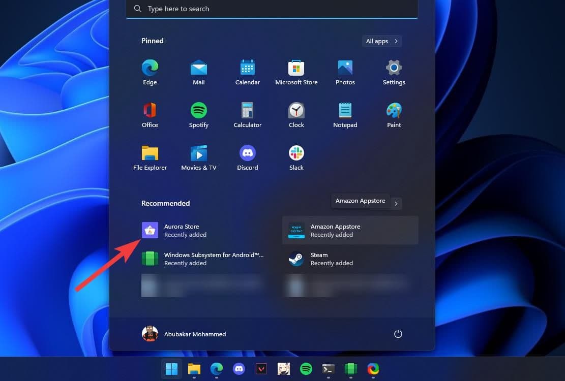 Άνοιγμα της εφαρμογής Aurora Store από το μενού Έναρξης των Windows 11