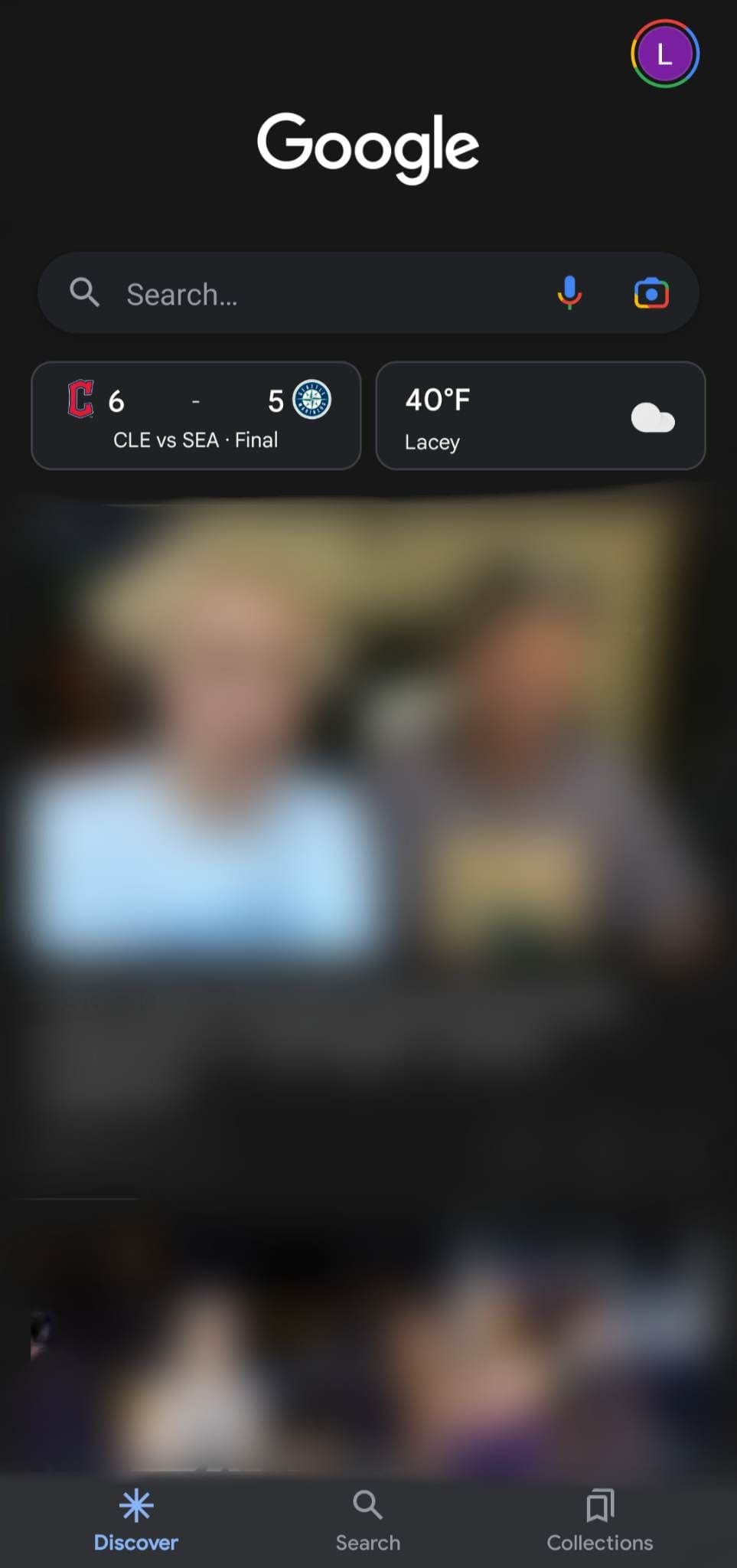 Στιγμιότυπο οθόνης της αρχικής σελίδας της εφαρμογής Google.  Η καρτέλα συλλογές βρίσκεται κάτω δεξιά.