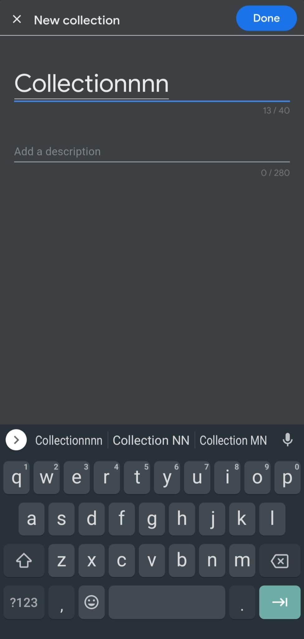 Το στιγμιότυπο οθόνης δείχνει τις λεπτομέρειες για μια νέα κενή συλλογή.  Ο τίτλος γράφει 