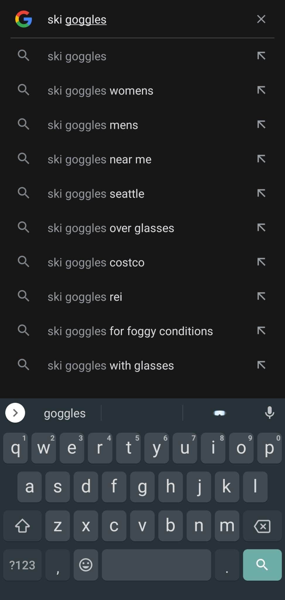 Το στιγμιότυπο οθόνης δείχνει τη σελίδα αναζήτησης στην εφαρμογή Google.