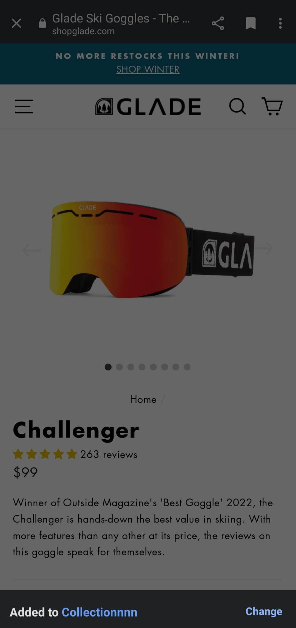 Το στιγμιότυπο οθόνης δείχνει τη σελίδα για τα γυαλιά του σκι αφού πατήσετε το εικονίδιο αποθήκευσης επάνω δεξιά.  Λέει 