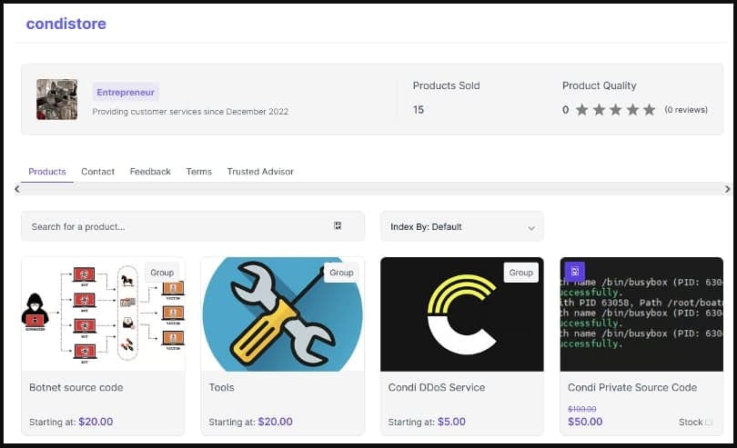 Κατάστημα Condi που πωλεί υπηρεσίες DDoS και πηγαίο κώδικα