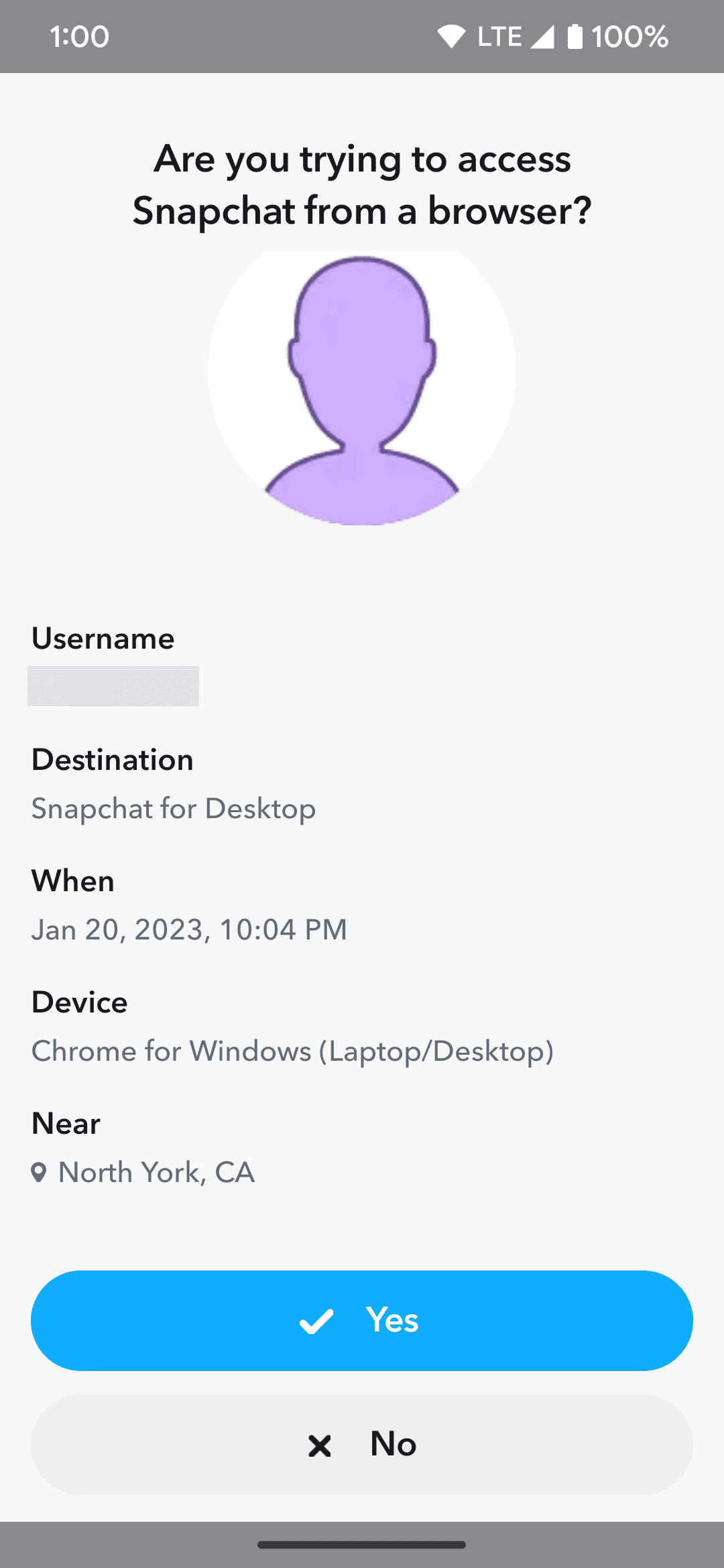Ειδοποίηση σύνδεσης στο πρόγραμμα περιήγησης λογαριασμού Snapchat στο Android