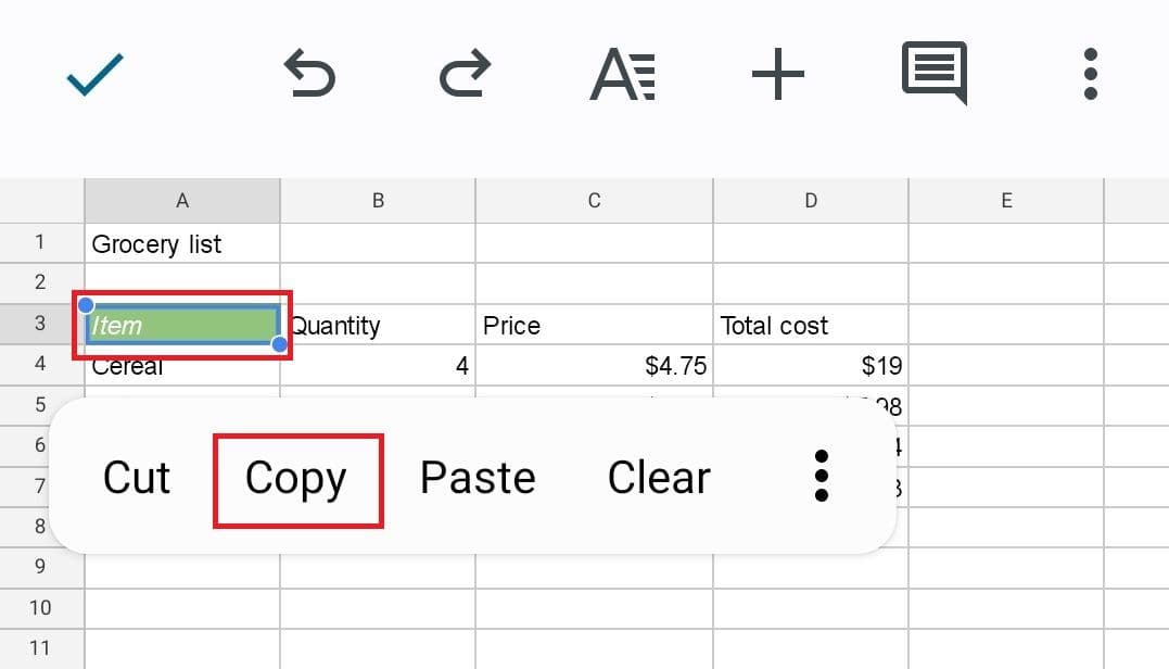 στιγμιότυπο οθόνης της επιλογής αντιγραφής στα φύλλα Google για android