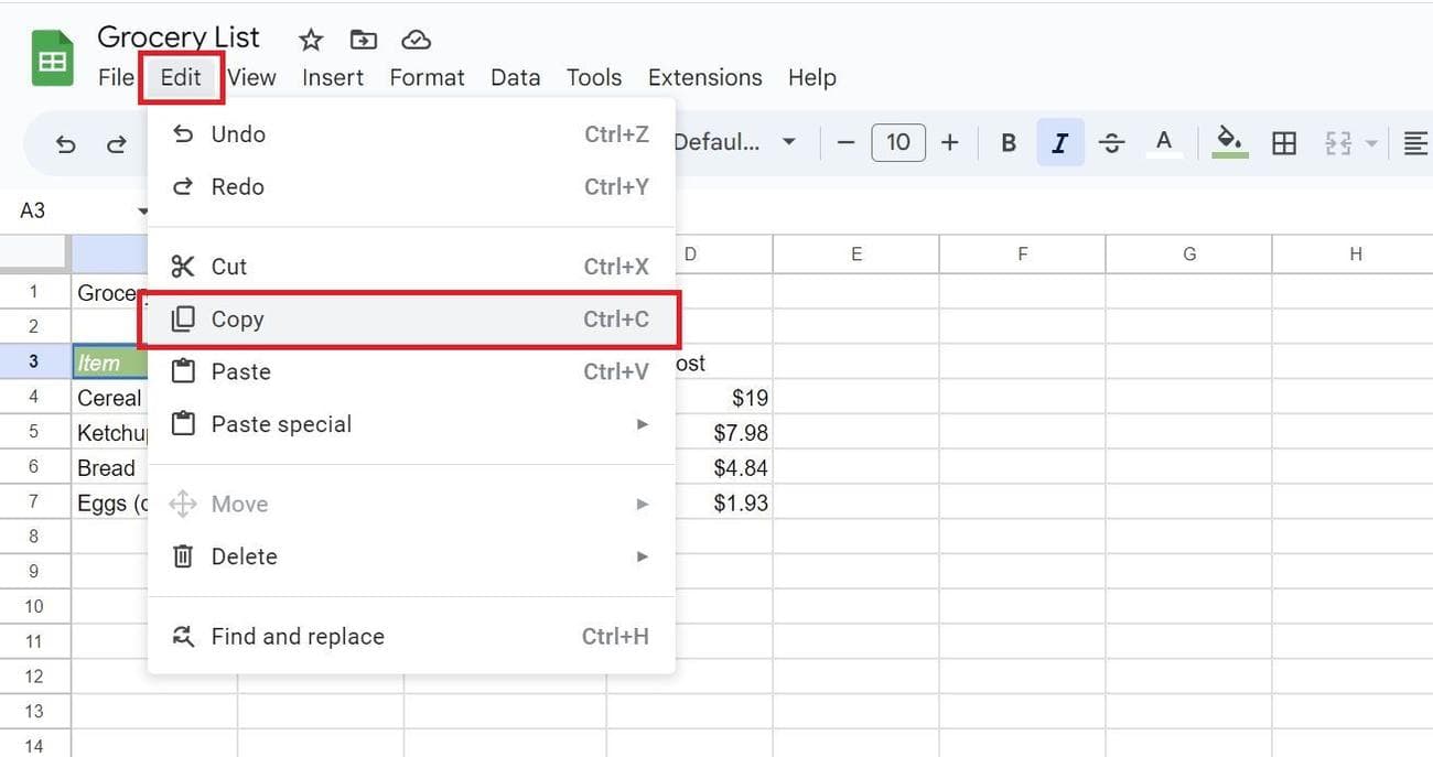 στιγμιότυπο οθόνης μιας επισημασμένης επιλογής επεξεργασίας και αντιγραφής για ένα αντιγραμμένο κελί στα φύλλα Google