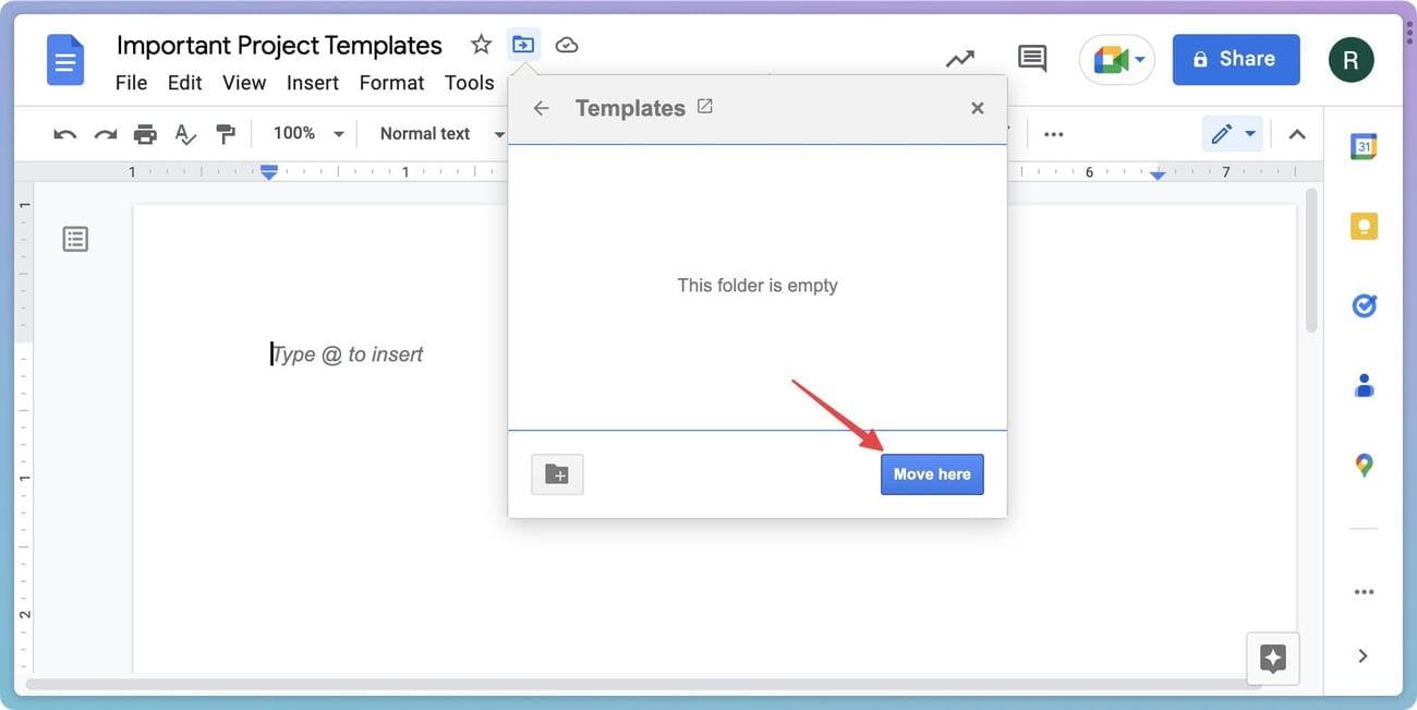 Στιγμιότυπο οθόνης των Εγγράφων Google που δείχνει πώς να μετακινήσετε ένα έγγραφο σε έναν φάκελο