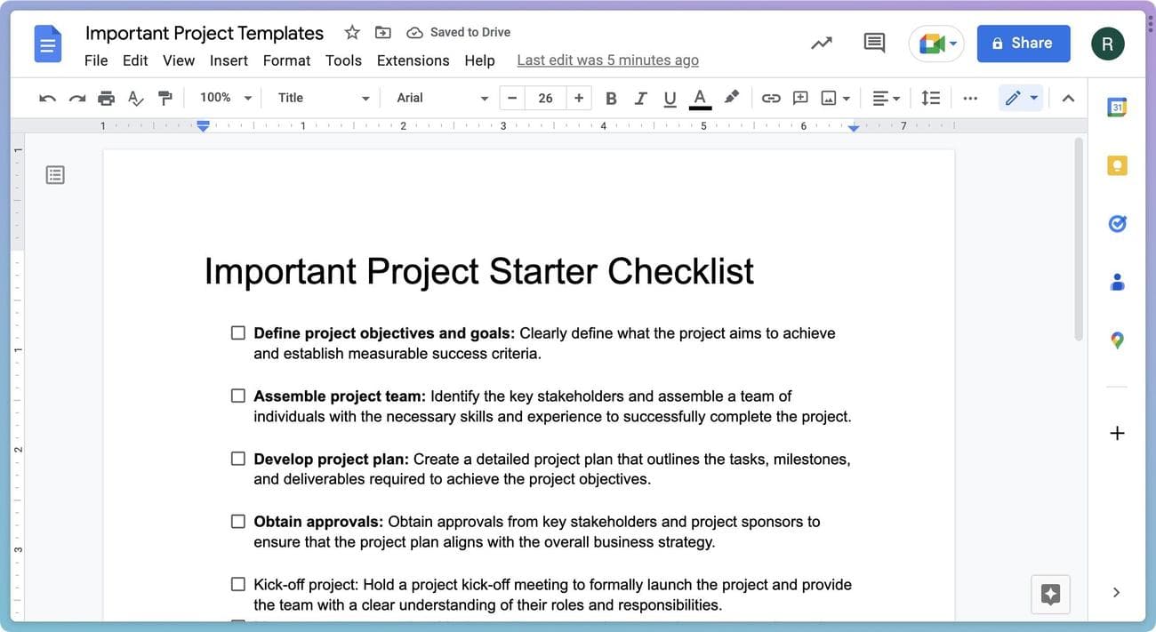 Στιγμιότυπο οθόνης Εγγράφων Google που δείχνει ένα δείγμα περιεχομένου προτύπου