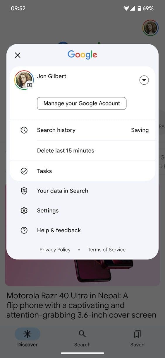 στιγμιότυπο οθόνης των ρυθμίσεων της εφαρμογής αναζήτησης Google στο Android