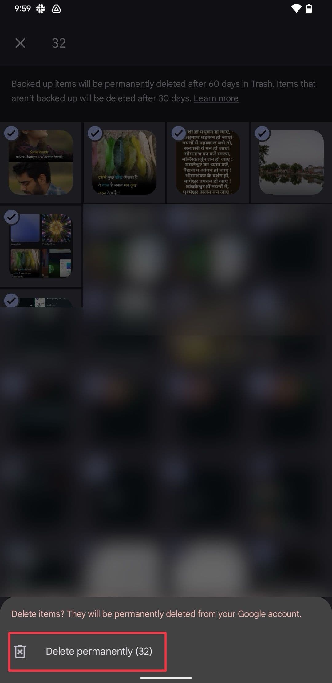 Κουμπί οριστικής διαγραφής στον φάκελο του Κάδου των Φωτογραφιών Google