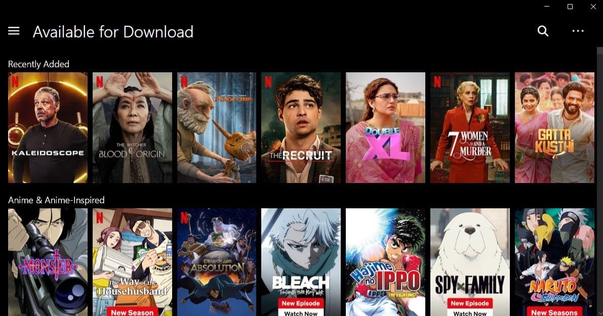 στιγμιότυπο οθόνης της αρχικής οθόνης της εφαρμογής netflix για windows