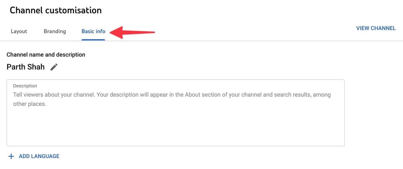 στιγμιότυπο οθόνης του youtube επιλογές προσαρμογής βασικών πληροφοριών