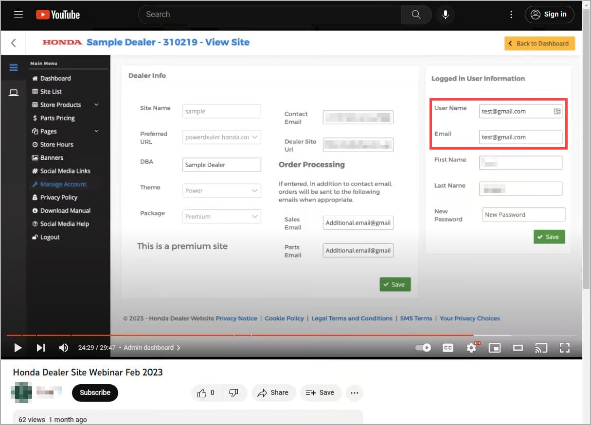 Δοκιμαστική διεύθυνση ηλεκτρονικού ταχυδρομείου λογαριασμού που εκτίθεται σε βίντεο YouTube