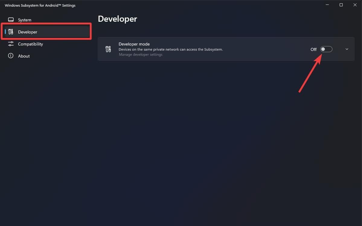 Κάνοντας κλικ στο κουμπί Λειτουργία προγραμματιστή στην εφαρμογή Windows Subsystem for Android θα ενεργοποιηθεί η δυνατότητα