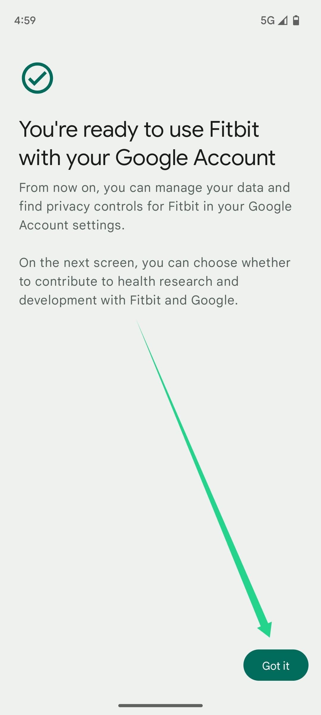 Η εφαρμογή Fitbit επιβεβαιώνει ότι ο χρήστης έχει μεταφέρει τον λογαριασμό του Fitbit στον λογαριασμό του Google.