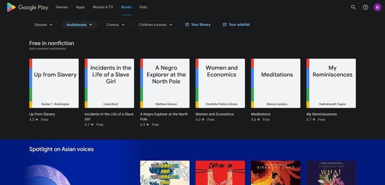 Σελίδα ηχητικών βιβλίων Google Play Store