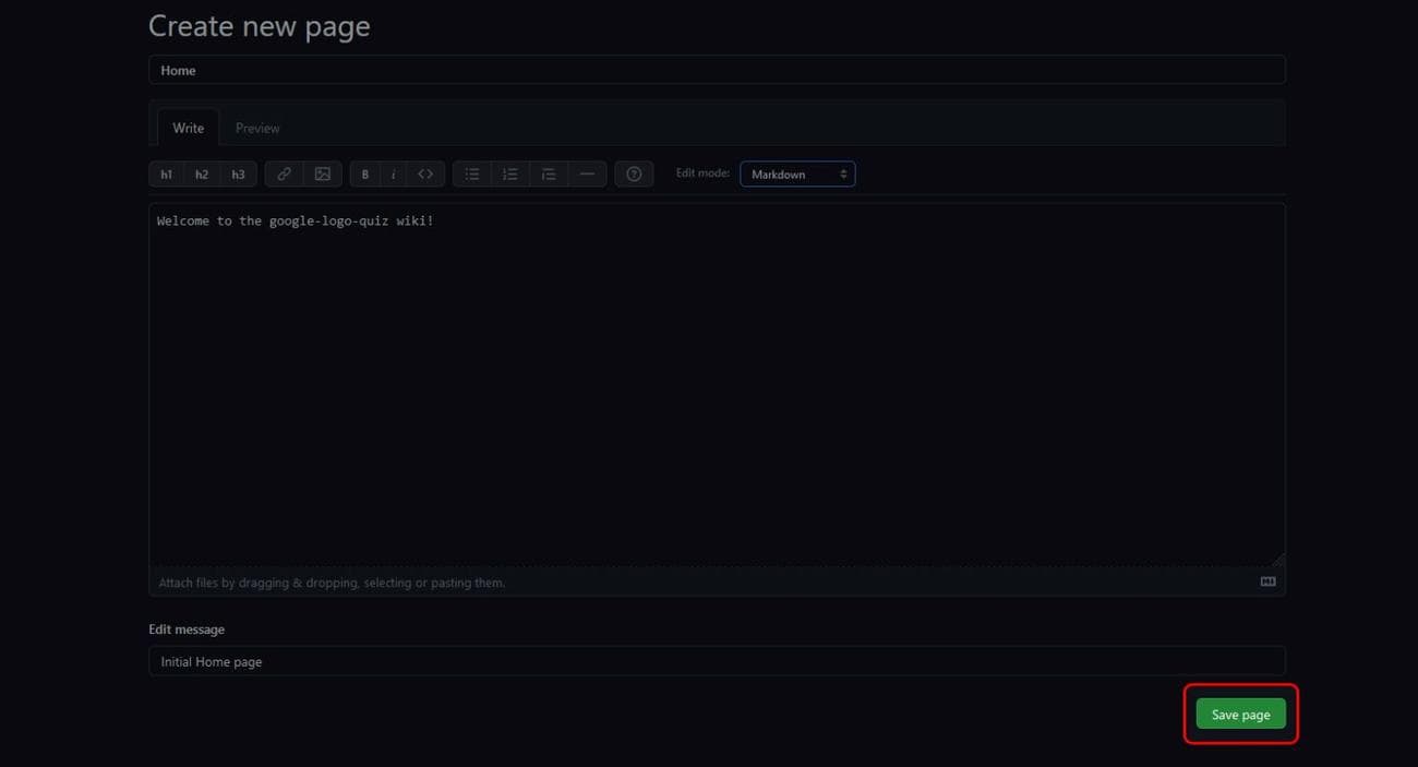 Οθόνη επεξεργασίας σελίδας του GitHub Wiki επισημαίνοντας το κουμπί Αποθήκευση σελίδας