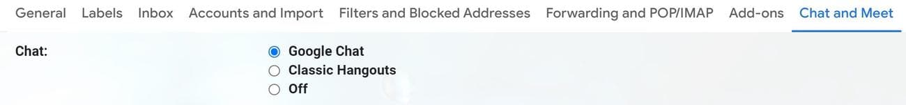 οθόνη ρυθμίσεων του gmail για επιφάνεια εργασίας με ανοιχτή την καρτέλα συνομιλίας