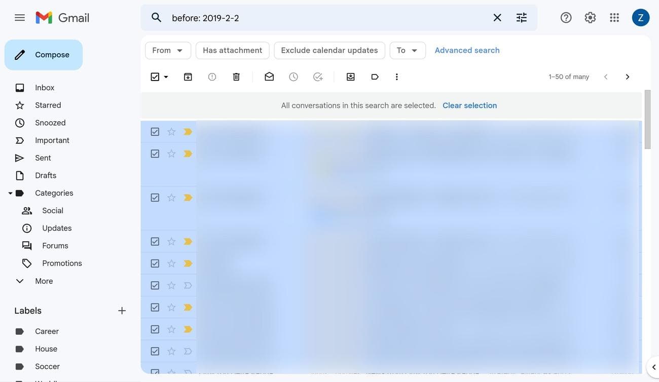 Επιλογή όλων των μηνυμάτων ηλεκτρονικού ταχυδρομείου στα αποτελέσματα για μηνύματα ηλεκτρονικού ταχυδρομείου πριν από τις 2 Φεβρουαρίου 2019 στο Gmail στον ιστό.