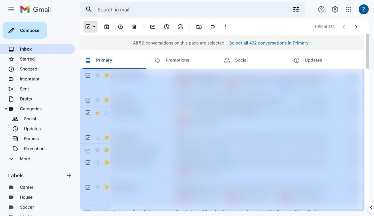 Όλα τα μηνύματα ηλεκτρονικού ταχυδρομείου που έχουν επιλεγεί στη σελίδα στο Gmail στον ιστό.