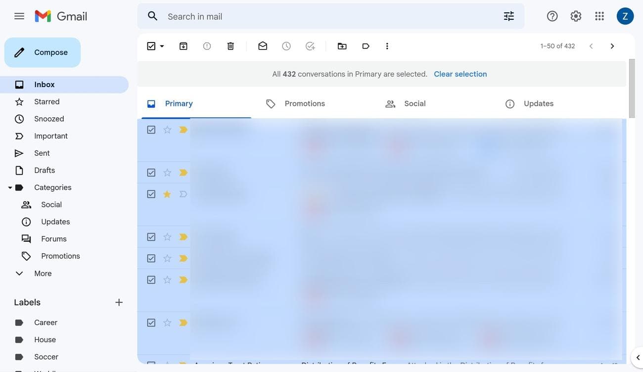 Όλα τα μηνύματα ηλεκτρονικού ταχυδρομείου στα εισερχόμενα έχουν επιλεγεί στο Gmail στον ιστό.