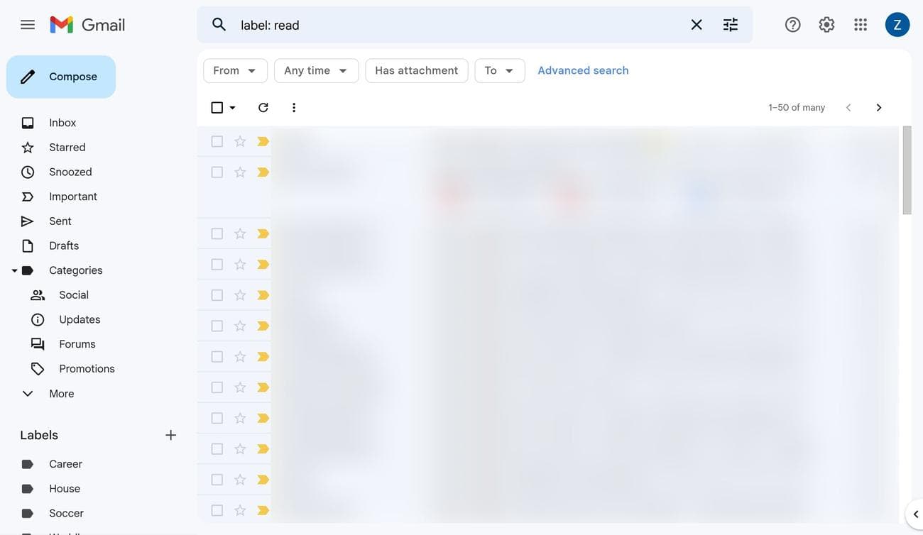 Αναζήτηση για όλα τα αναγνωσμένα μηνύματα ηλεκτρονικού ταχυδρομείου στο Gmail στον ιστό.