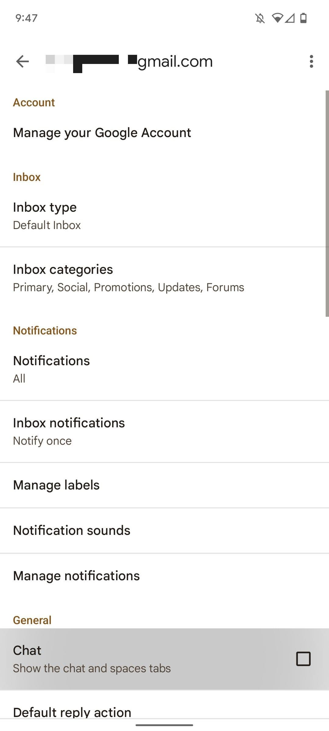 οθόνη ρύθμισης gmail με επισημασμένη τη συνομιλία Google