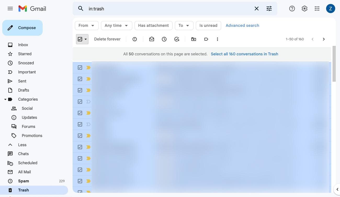 Όλα τα μηνύματα ηλεκτρονικού ταχυδρομείου στην πρώτη σελίδα στον Κάδο απορριμμάτων έχουν επιλεγεί το Gmail στον ιστό.
