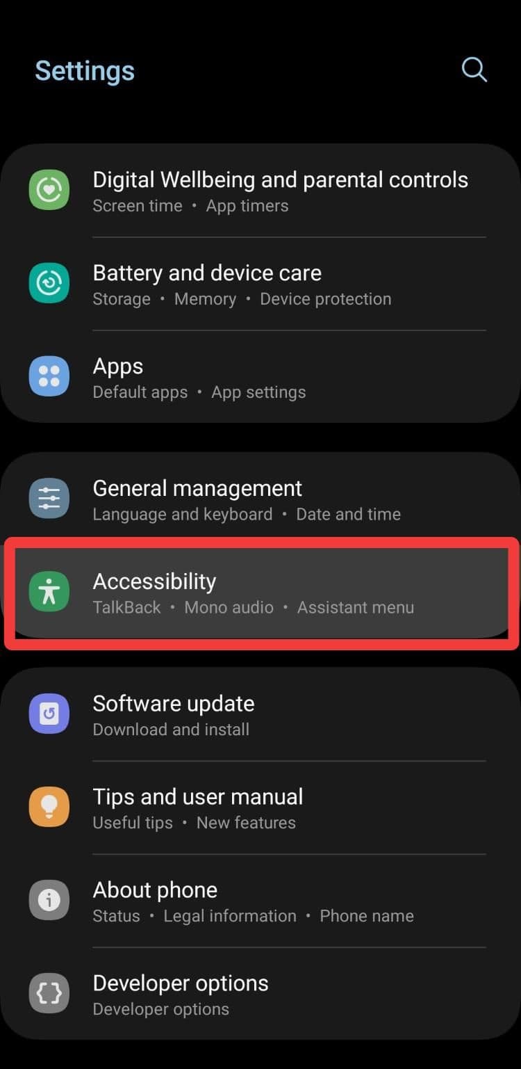 open accessibility in Samsung settings
