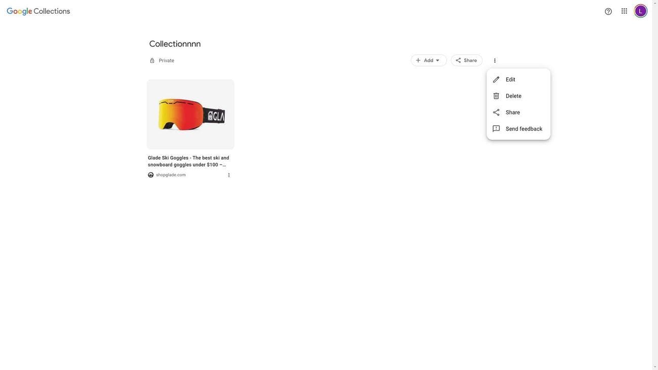Στιγμιότυπο οθόνης μιας σελίδας συλλογής Google στο πρόγραμμα περιήγησης ιστού.  Οι επιλογές του μενού τριπλής κουκκίδας εμφανίζονται στην επάνω δεξιά γωνία, με επιλογές για επεξεργασία, διαγραφή, κοινή χρήση και αποστολή σχολίων.