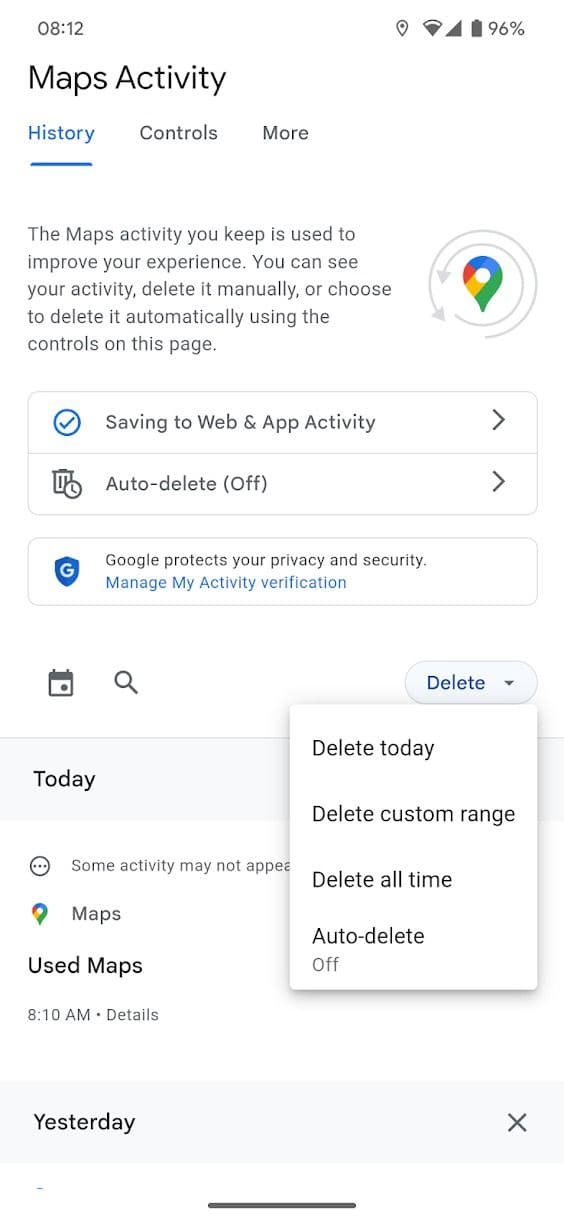 στιγμιότυπο οθόνης του μενού δραστηριότητας χαρτών από την εφαρμογή google maps android
