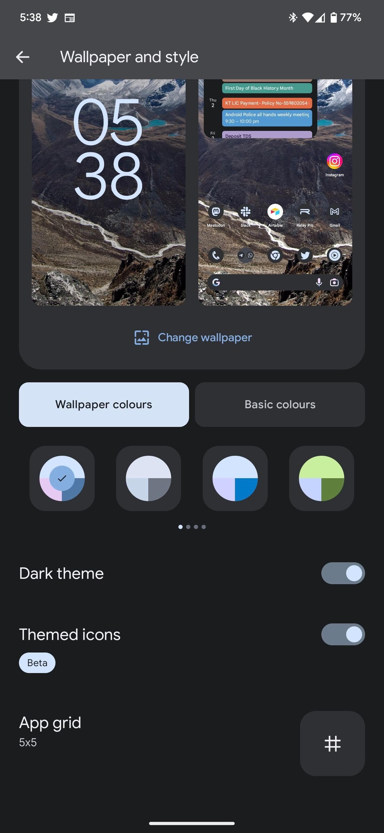 Μενού ρυθμίσεων ταπετσαρίας και στυλ στο Google Pixel 7