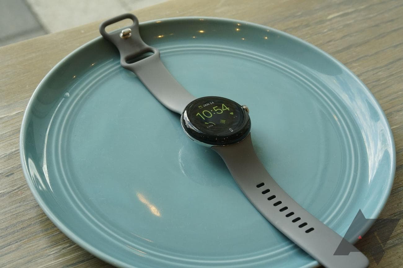 A gray Google Pixel Watch laying on a blue plate