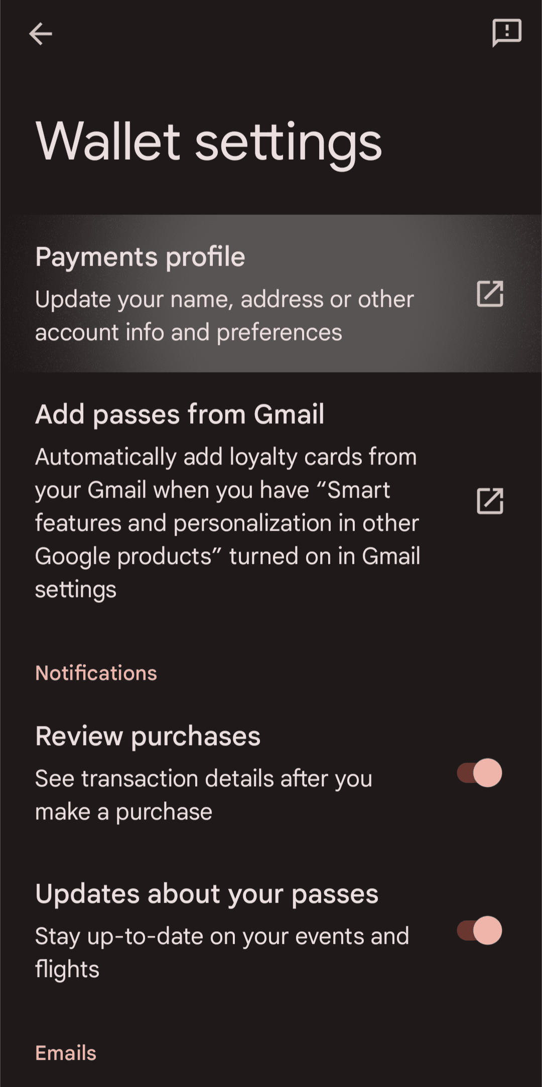 Στιγμιότυπο οθόνης των ρυθμίσεων του Πορτοφολιού Google