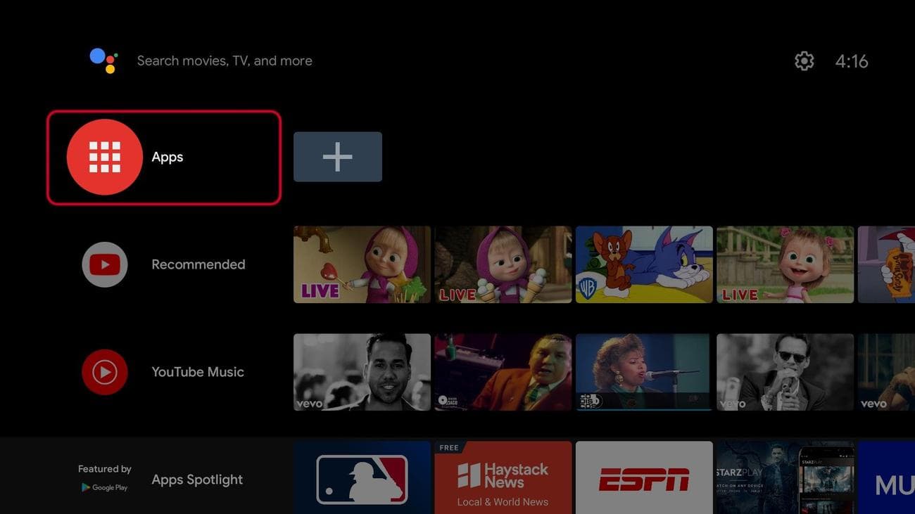Αρχική οθόνη Android TV με τονισμένο το κουμπί εφαρμογών