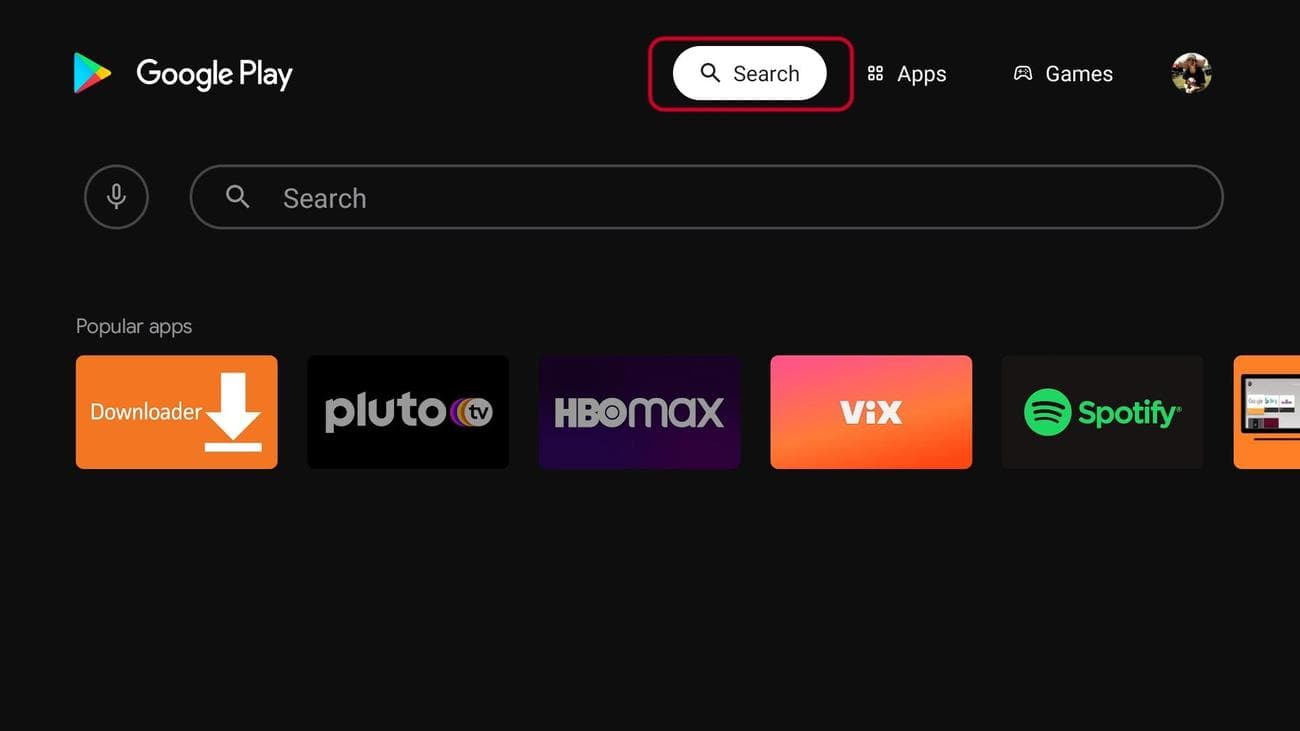 Αρχική σελίδα του Play Store Android TV με τονισμένο το κουμπί αναζήτησης