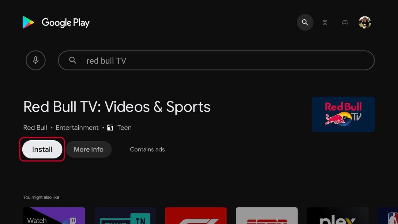Android TV google play store για την εφαρμογή red bull TV με τονισμένο το κουμπί εγκατάστασης