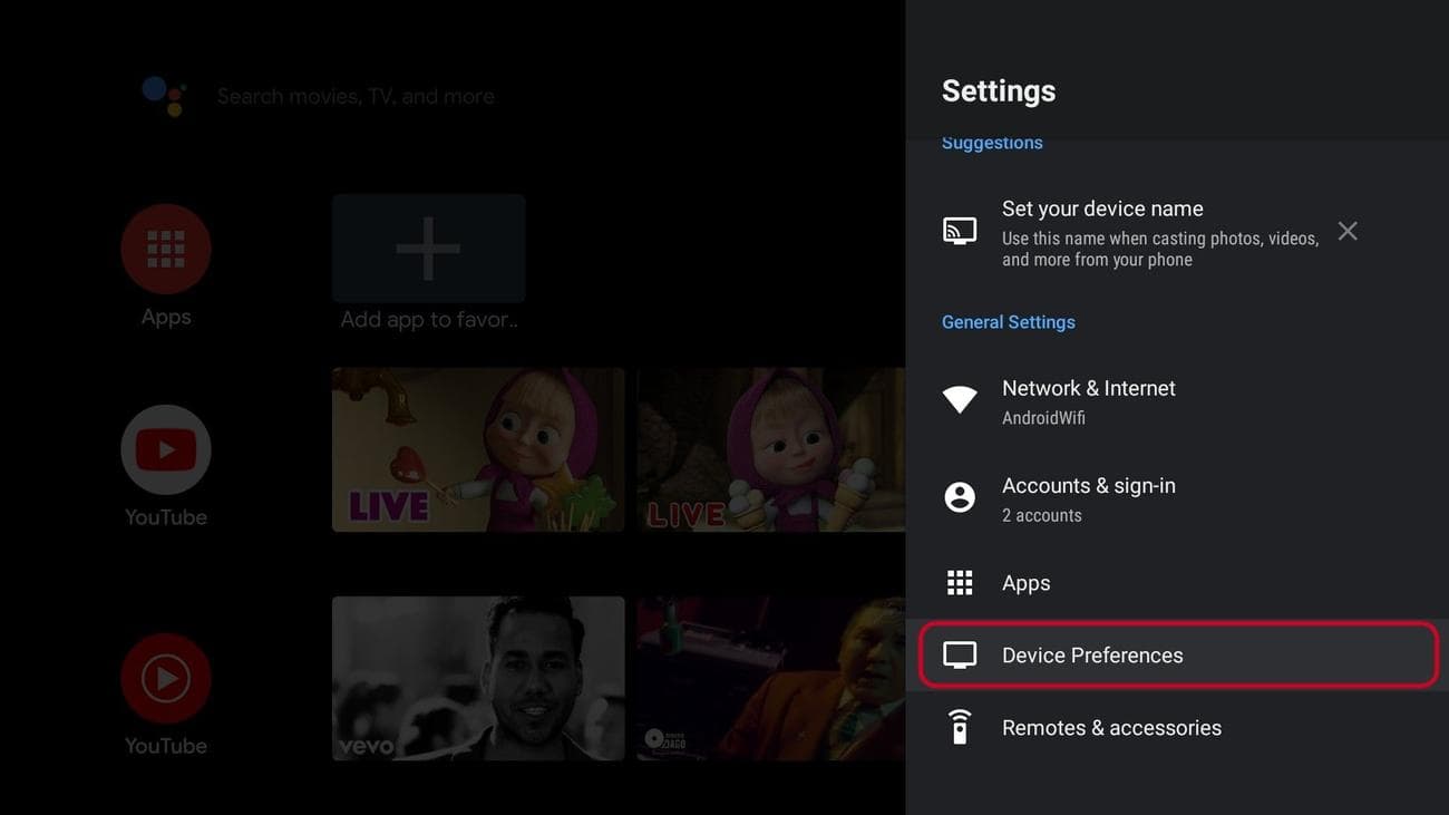 Πλαϊνή γραμμή ρυθμίσεων Android TV με επισημασμένη την επιλογή προτιμήσεων συσκευής