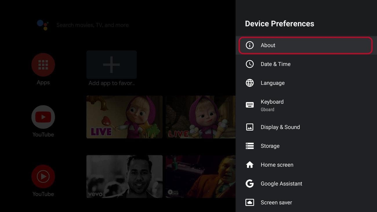 Προτιμήσεις συσκευής Android TV με τονισμένο το κουμπί σχετικά