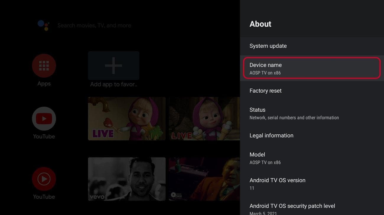 Android TV σχετικά με την οθόνη με τονισμένη την επιλογή ονόματος συσκευής