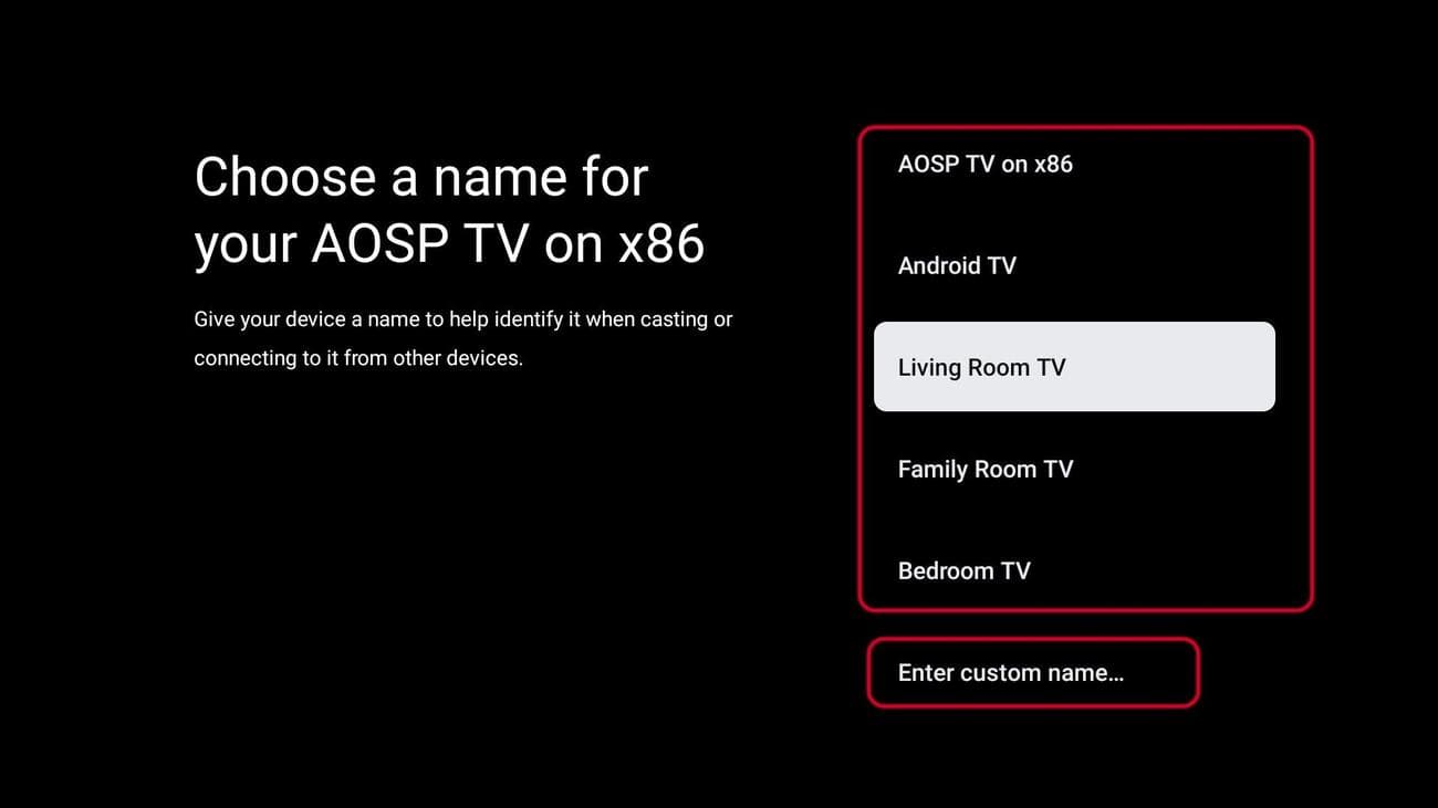 Οθόνη επιλογής ονόματος Android TV με επισημασμένες τις επιλογές ονόματος και τα προσαρμοσμένα κουμπιά ονόματος