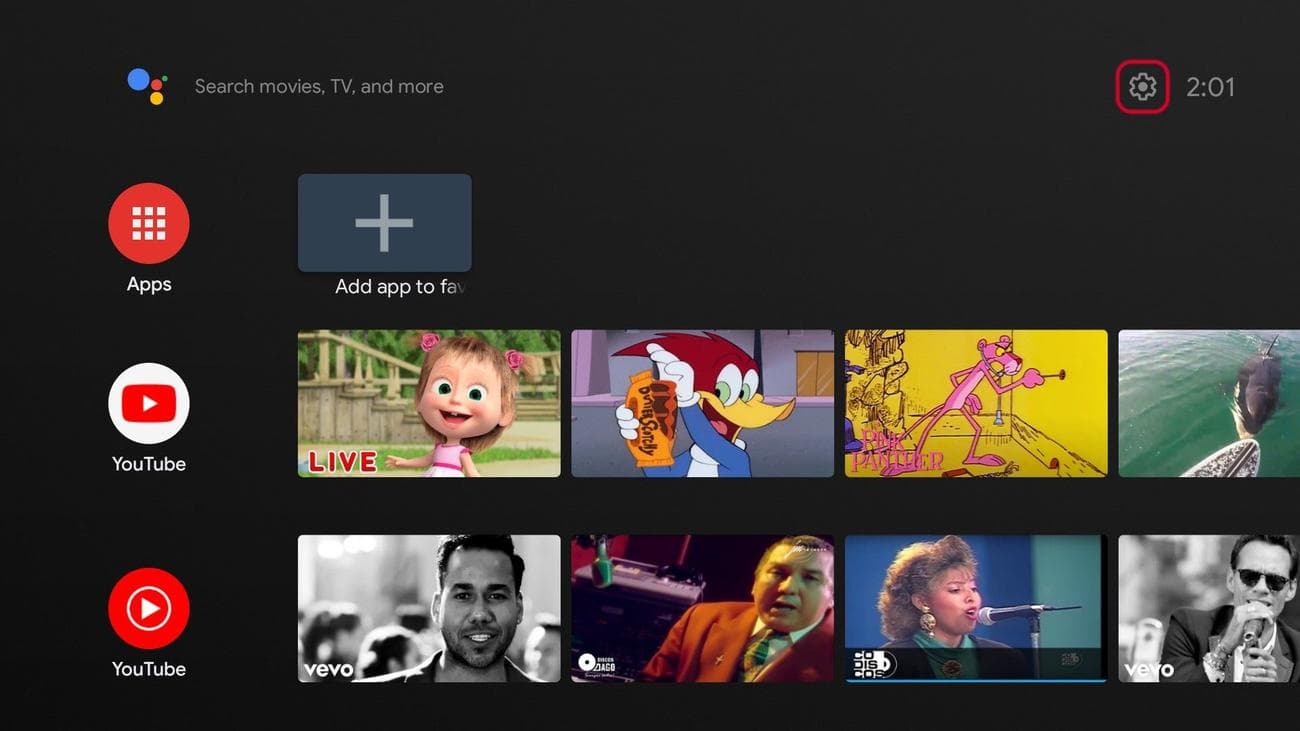Αρχική οθόνη Android TV με τονισμένο το γρανάζι ρυθμίσεων