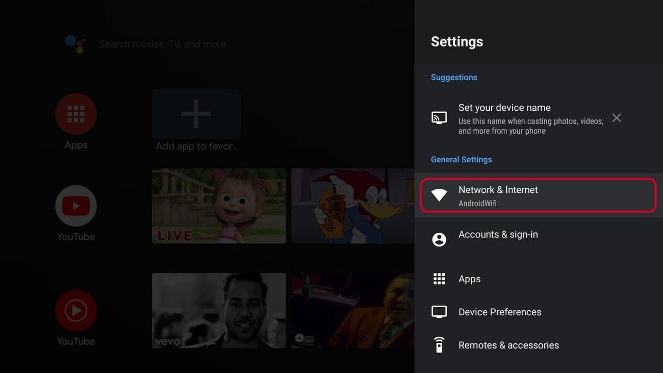 Οι ρυθμίσεις της τηλεόρασης Android είναι σε εξέλιξη με τονισμένη την επιλογή δικτύου και διαδικτύου