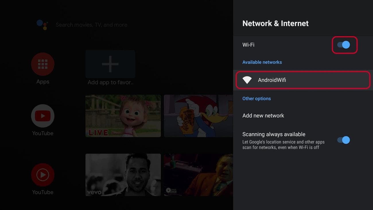 Οι ρυθμίσεις δικτύου Android TV και Διαδικτύου εκτυλίσσονται με τονισμένο το κορυφαίο δίκτυο Wi-Fi