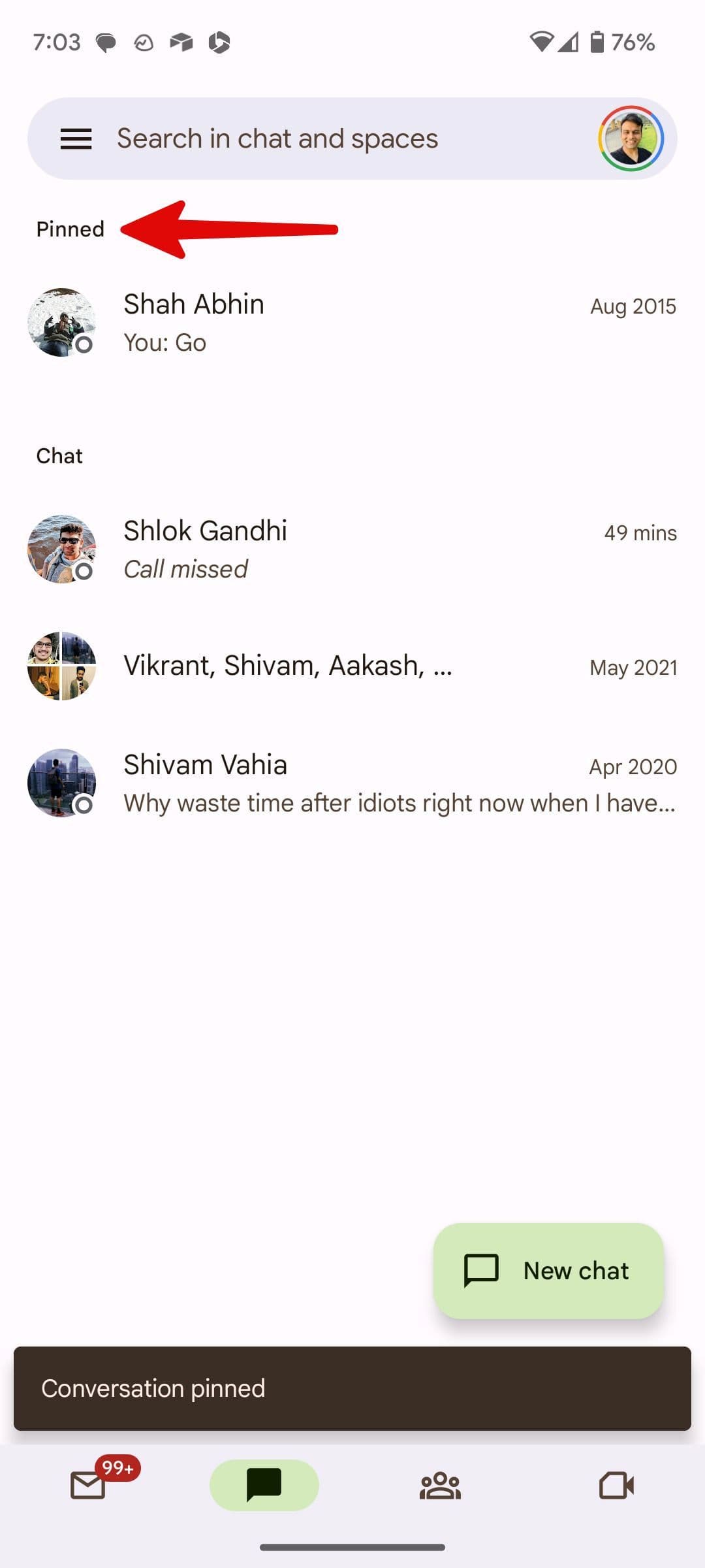 καρφιτσωμένες συνομιλίες στο Google Chat