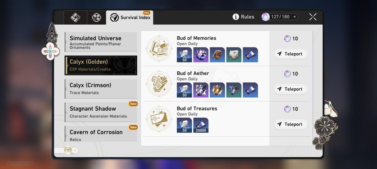 Σύστημα αντοχής στο Honkai: Star Rail (κατάλογος δραστηριοτήτων)