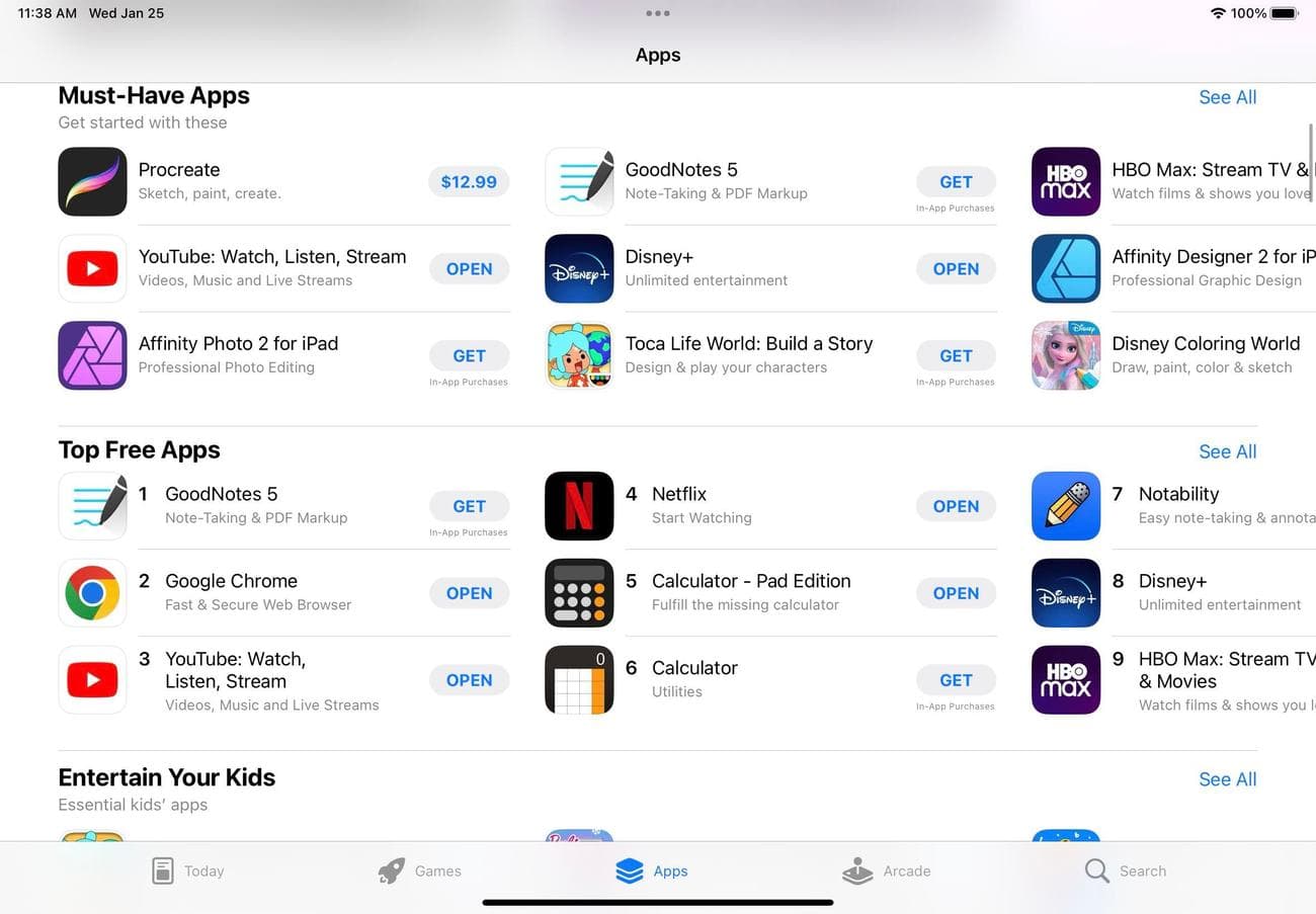 Στιγμιότυπο οθόνης του iOS App Store σε ένα iPad