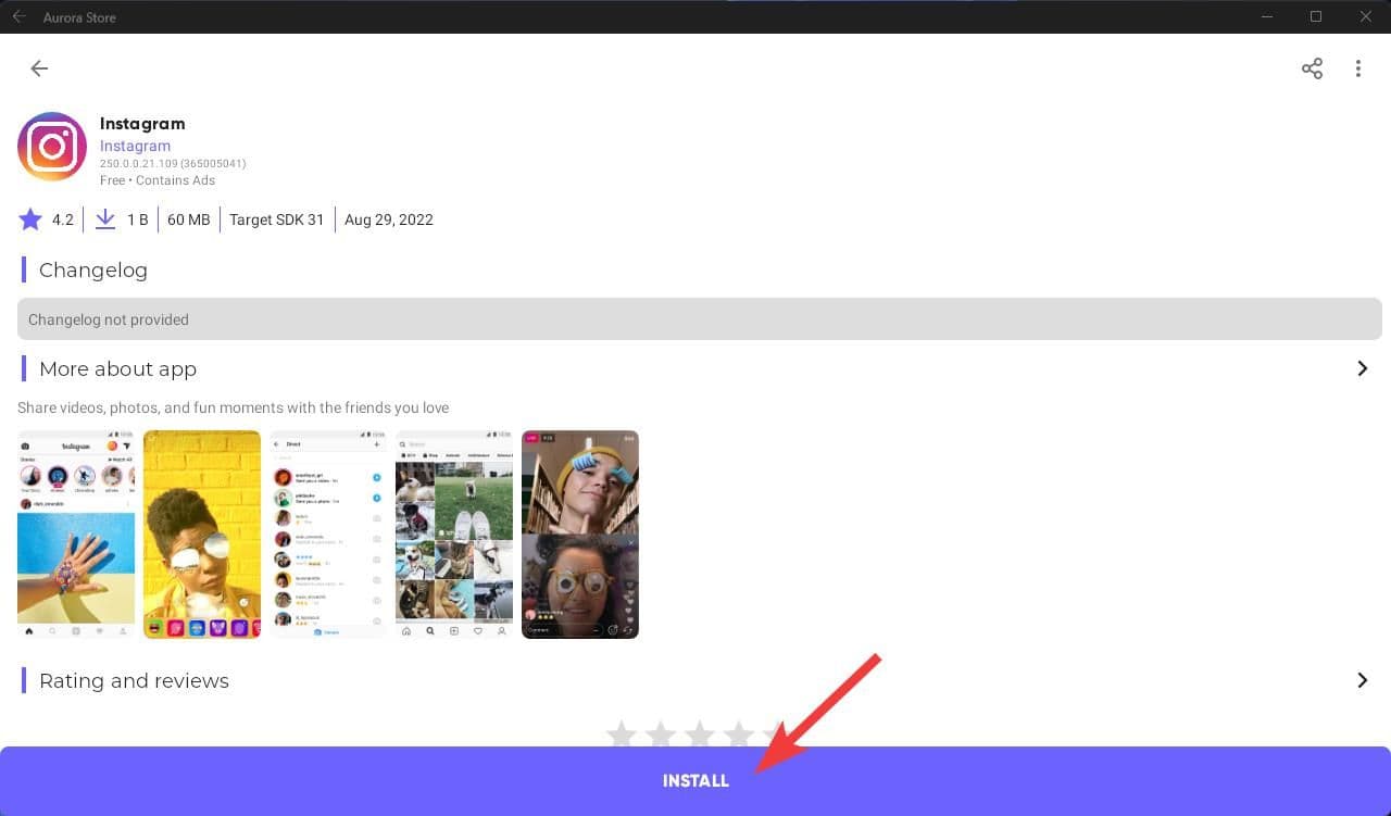 Ένα παράδειγμα της εφαρμογής Instagram που πρόκειται να εγκατασταθεί από το Aurora Store