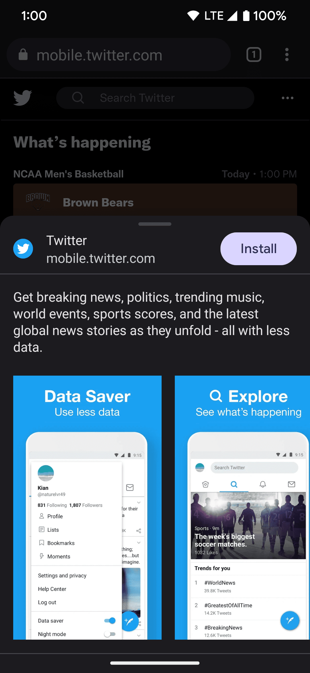 The install screen in Google Chrome when installing the Twitter web app