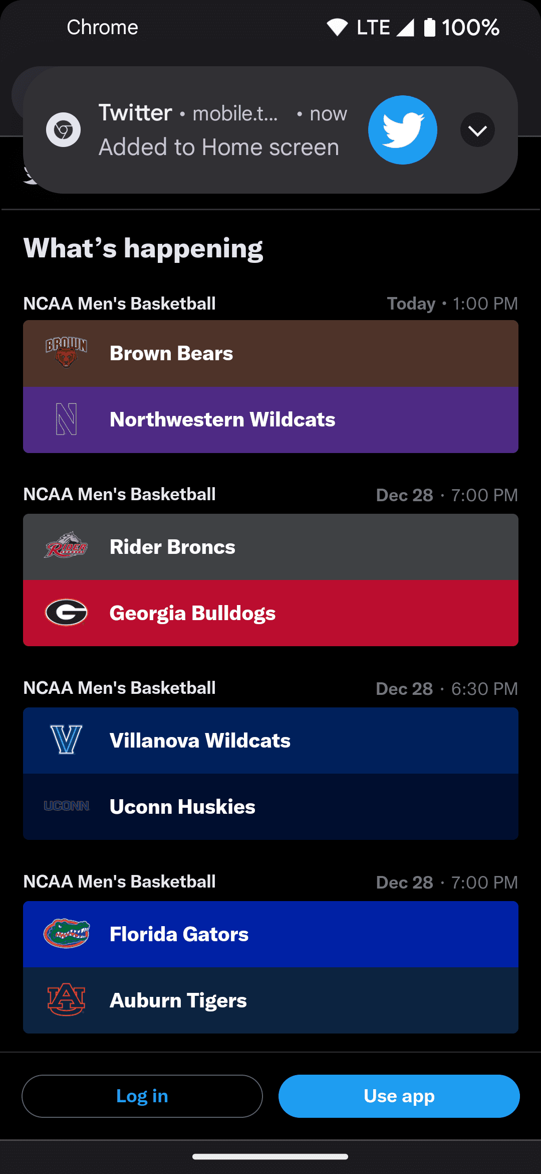 An example of what the Twitter web app on Android looks like when the shortcut is installed